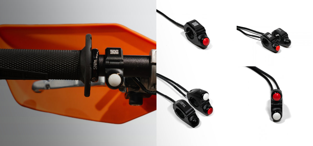 Close-up of a motorcycle handlebar with a black switch assembly and orange handlebar guard, alongside four smaller views showing the switch from different angles on a white background.